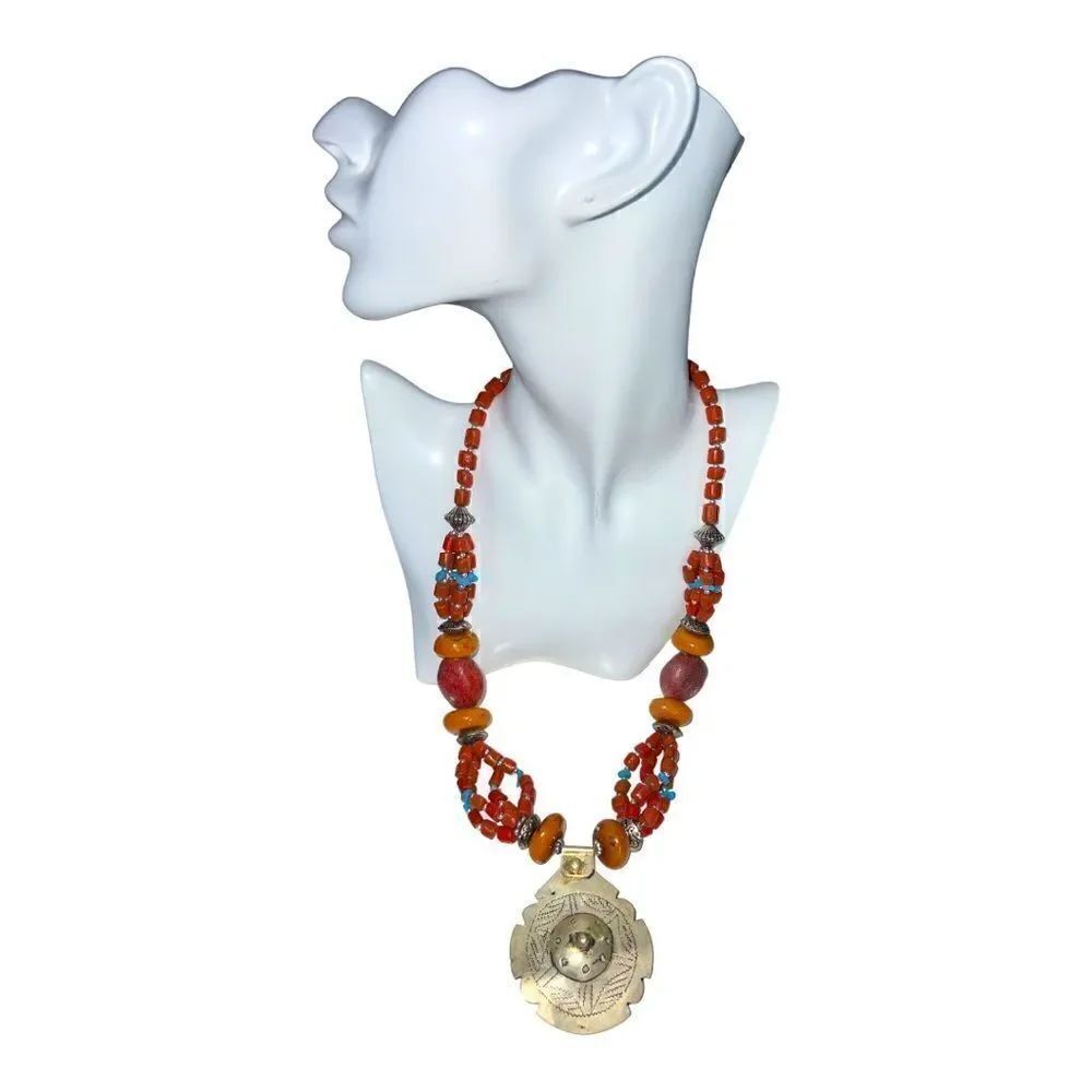 Handmade Exotic Vintage  Rustic Metal Silver Pleated Medallion Necklace.